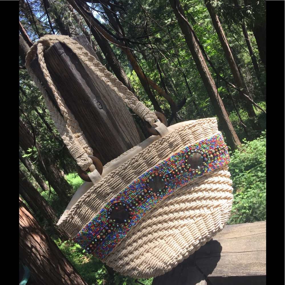 Cappelli bead embellished creamy wicker straw bag woven handbag,HP24 - Picture 2 of 11